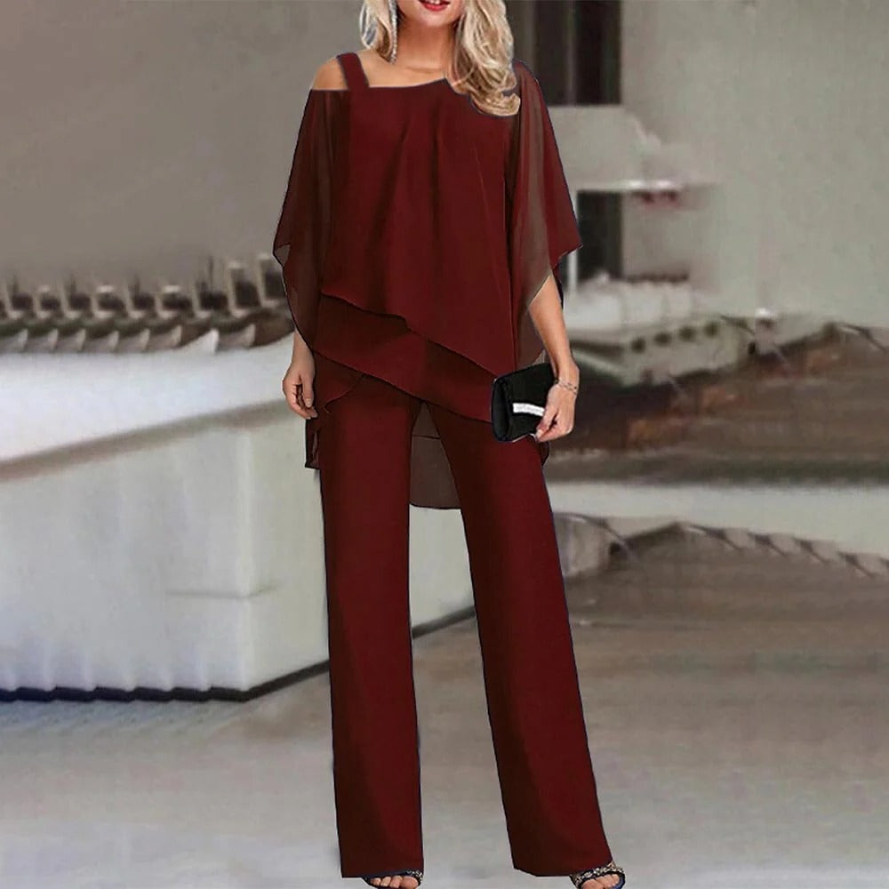 Celeste | Kvinders Chiffon Overlay Jumpsuit med Kold Skulder og Bred Ben