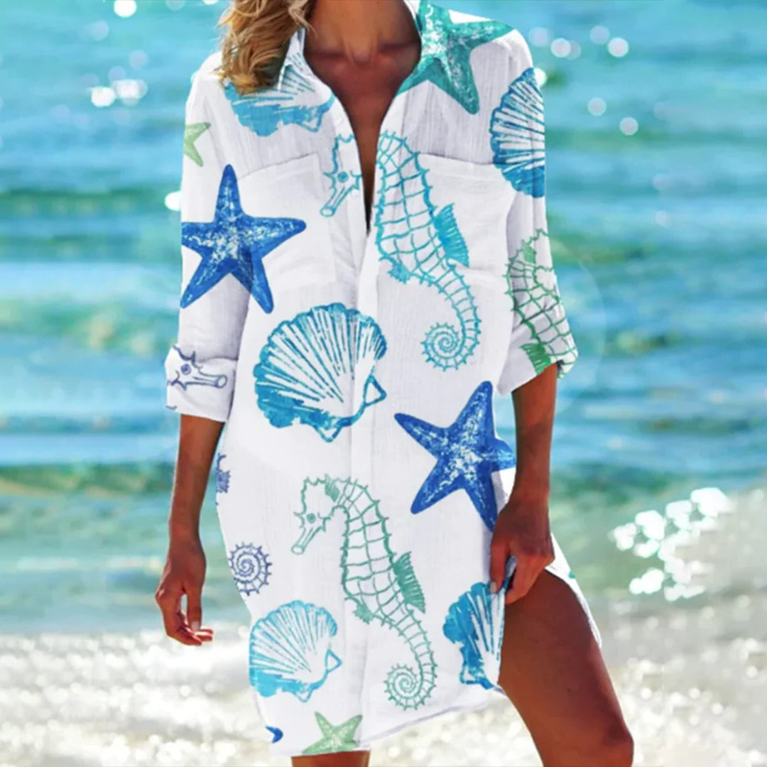 Coralie | Kvinders Tropisk Print Skjorte Kjole 3/4 Ærme Strand Cover Up