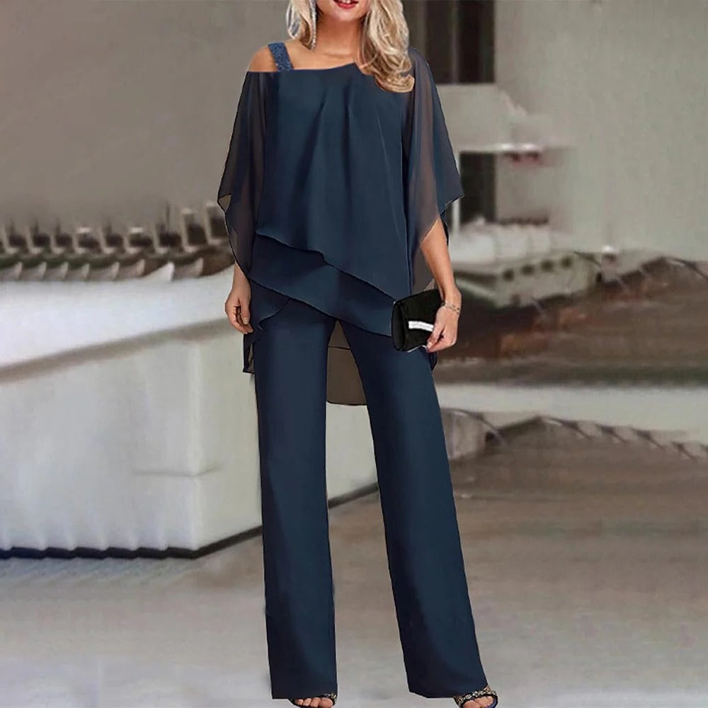 Celeste | Kvinders Chiffon Overlay Jumpsuit med Kold Skulder og Bred Ben