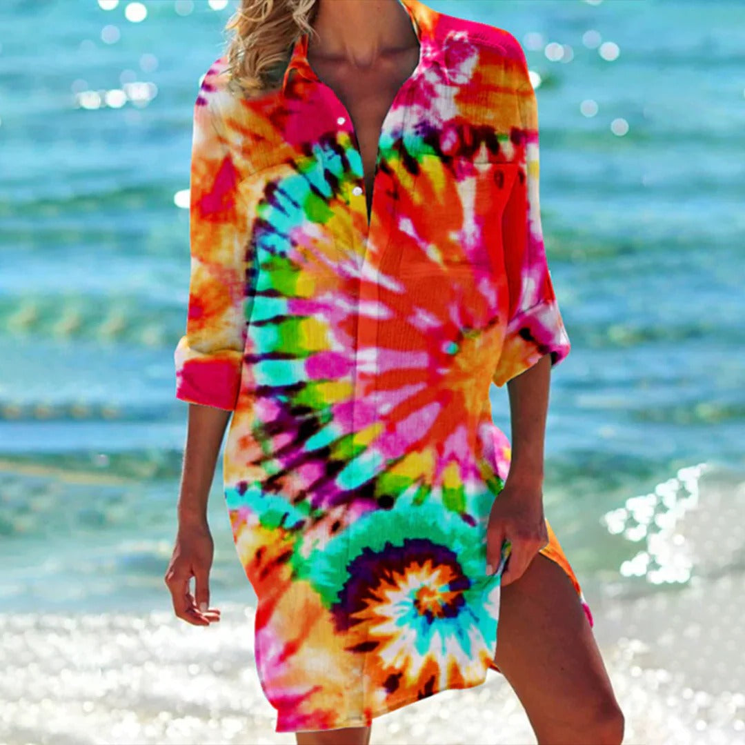 Coralie | Kvinders Tropisk Print Skjorte Kjole 3/4 Ærme Strand Cover Up