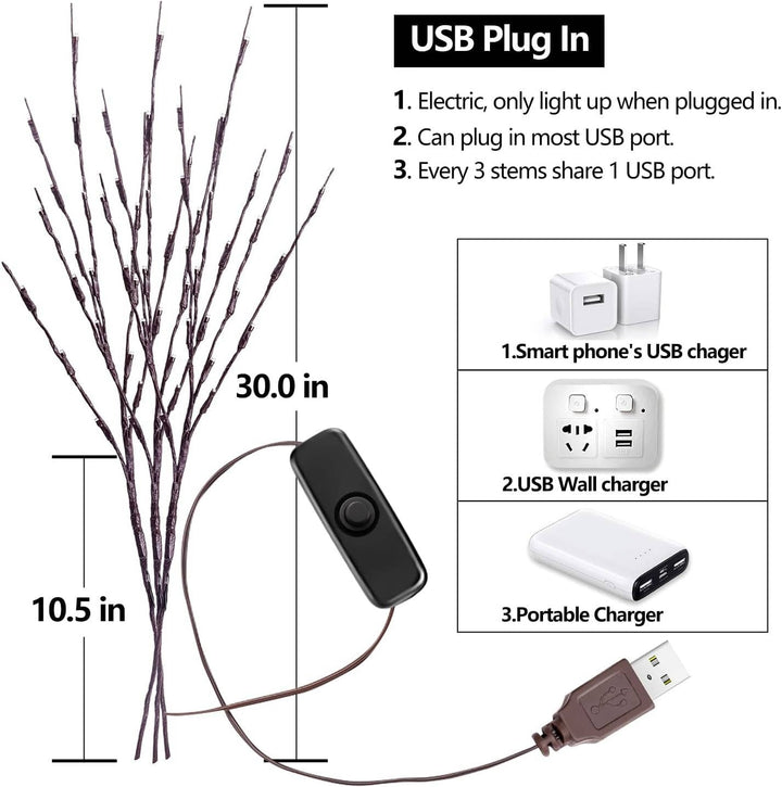 USB-drevne Forbelyste Grenelys med 60 Varme Hvide LED'er