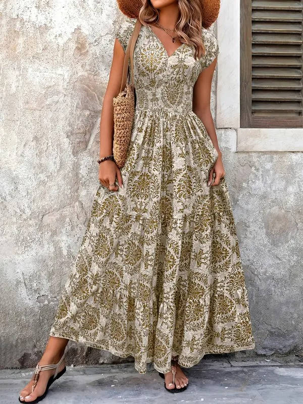 Sienna | Kvinders Smocked Boho Print Tiered Maxi Kjole