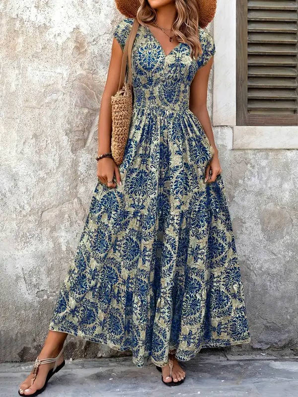 Sienna | Kvinders Smocked Boho Print Tiered Maxi Kjole