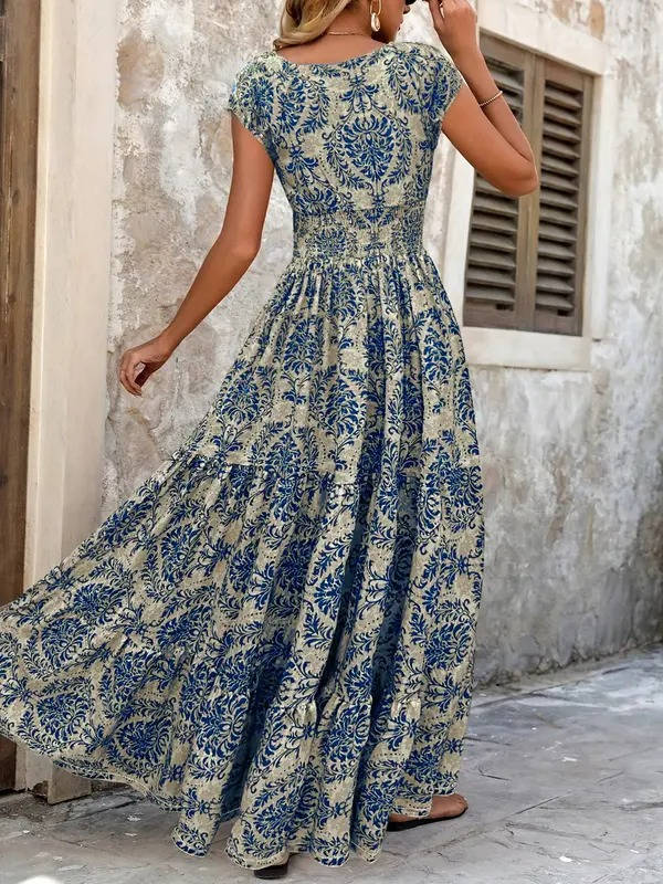 Sienna | Kvinders Smocked Boho Print Tiered Maxi Kjole