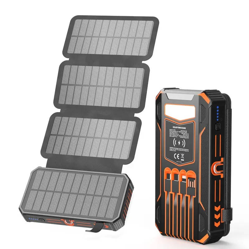 48000mAh Solenergi Power Bank med Trådløs Opladning og Indbyggede Kabler