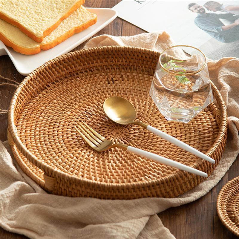 Håndlavet Rattan Serveringsbakke med Håndtag - Lys Brun