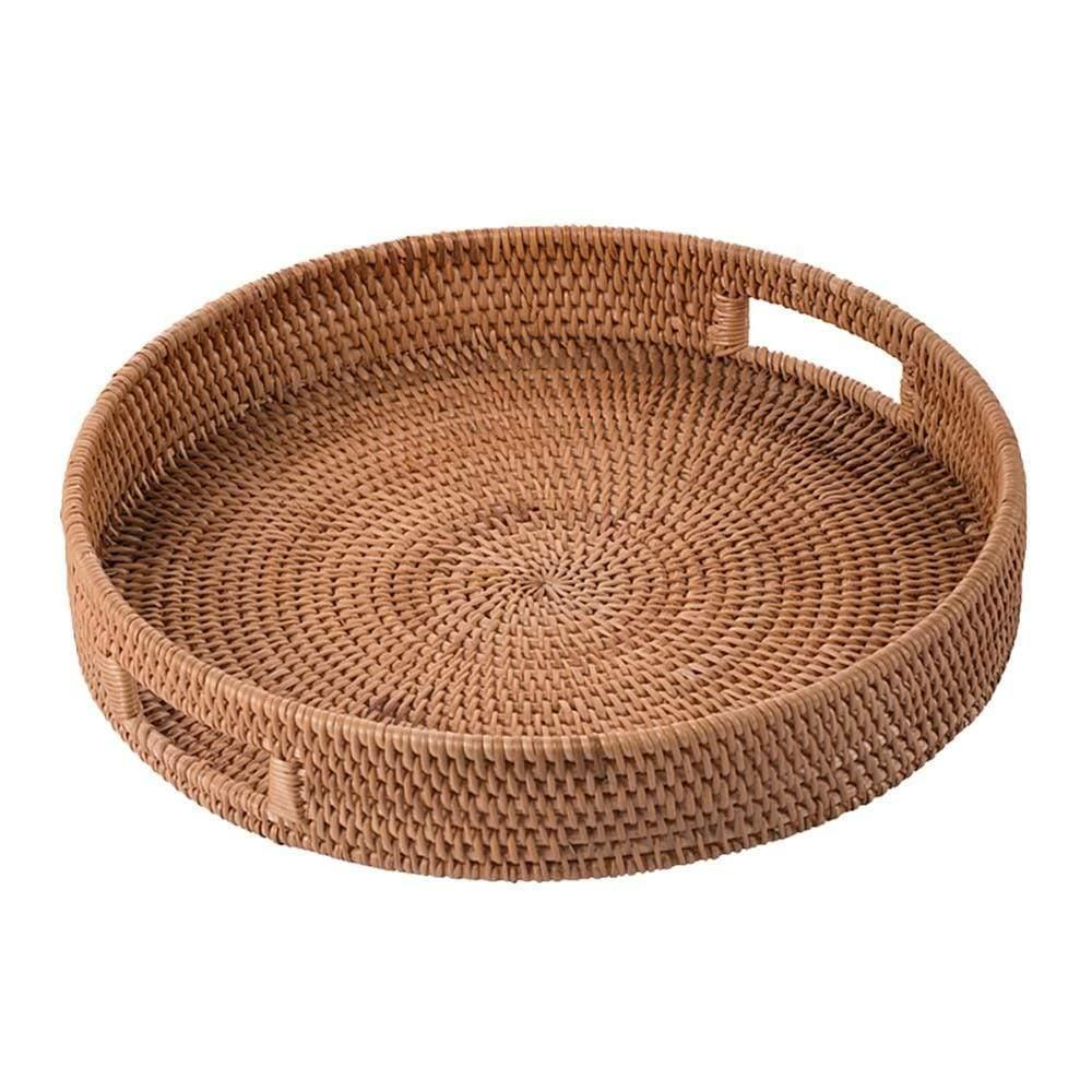 Håndlavet Rattan Serveringsbakke med Håndtag - Lys Brun