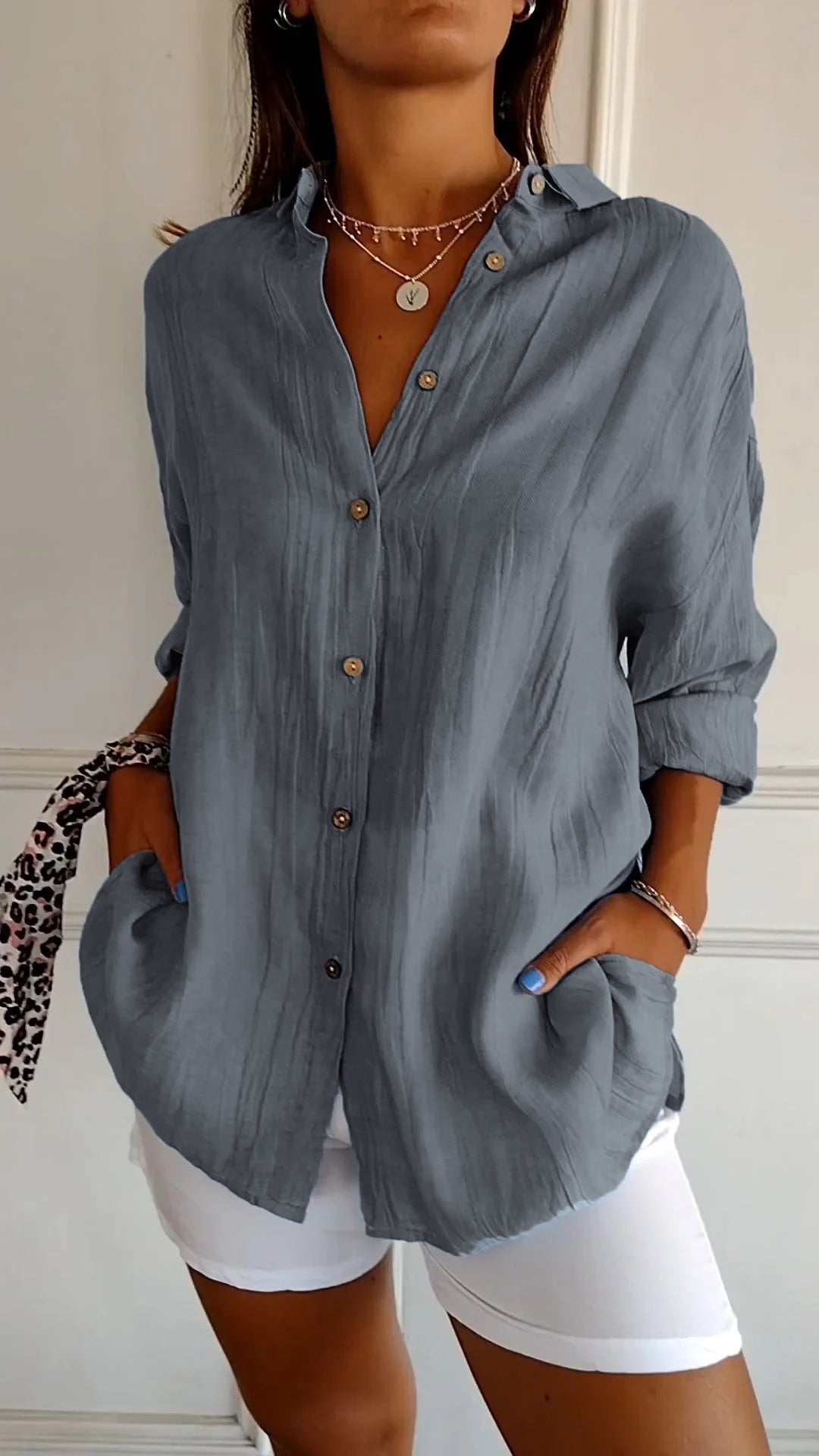 Azure | Oversized Langærmet Casual Skjorte til Kvinder med Knapper
