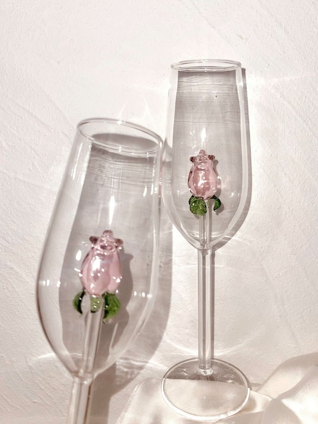 Håndlavede Champagneglas med Rosedesign - Elegant Tulipanformet Glas