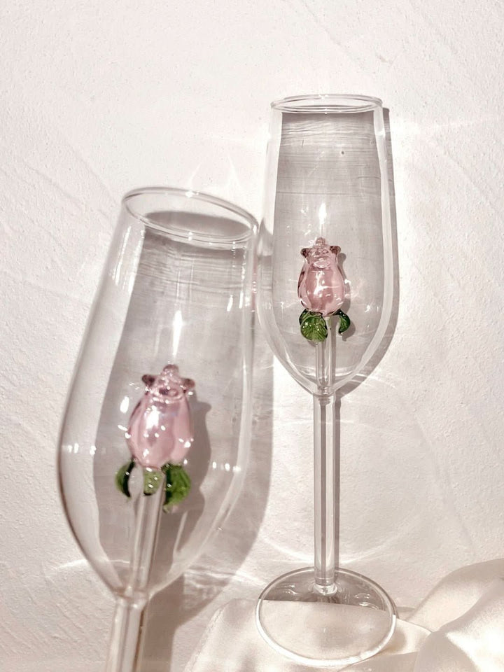Håndlavede Champagneglas med Rosedesign - Elegant Tulipanformet Glas