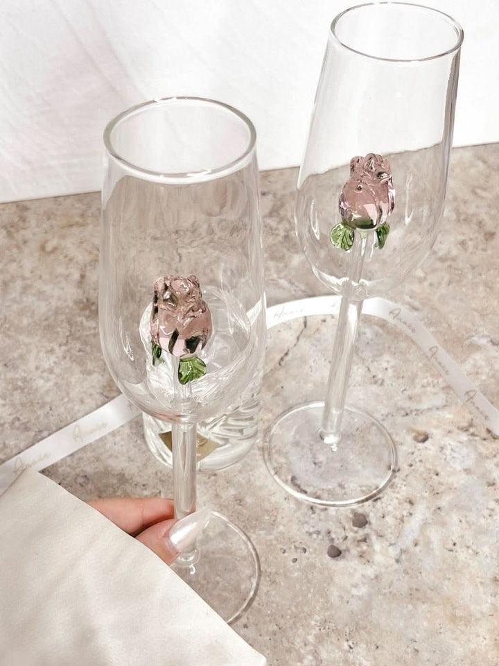 Håndlavede Champagneglas med Rosedesign - Elegant Tulipanformet Glas