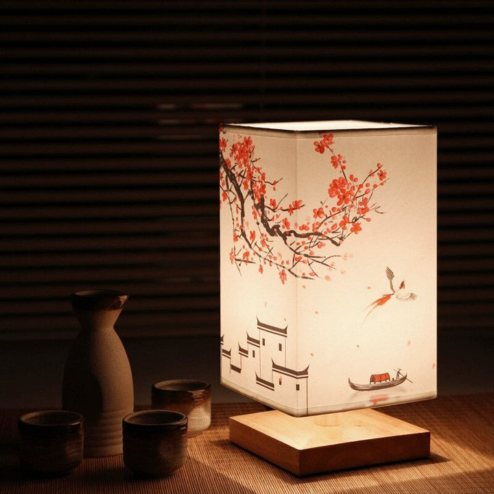 Japansk Skandinavisk Natlampe med Stofskærm og Træbase