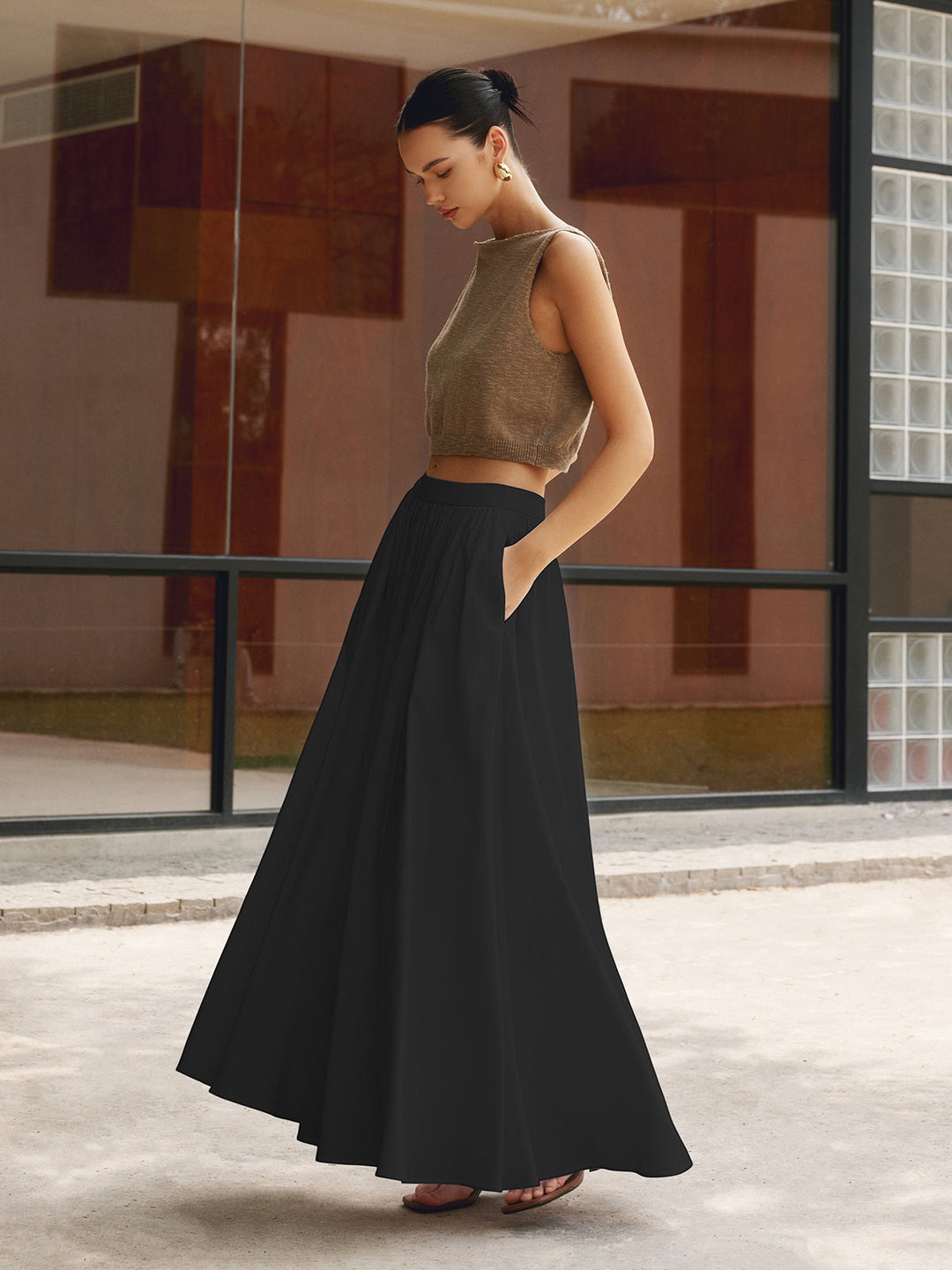 Florence | Kvinders Høj Talje Plisseret A-Linje Maxi Nederdel med Lommer