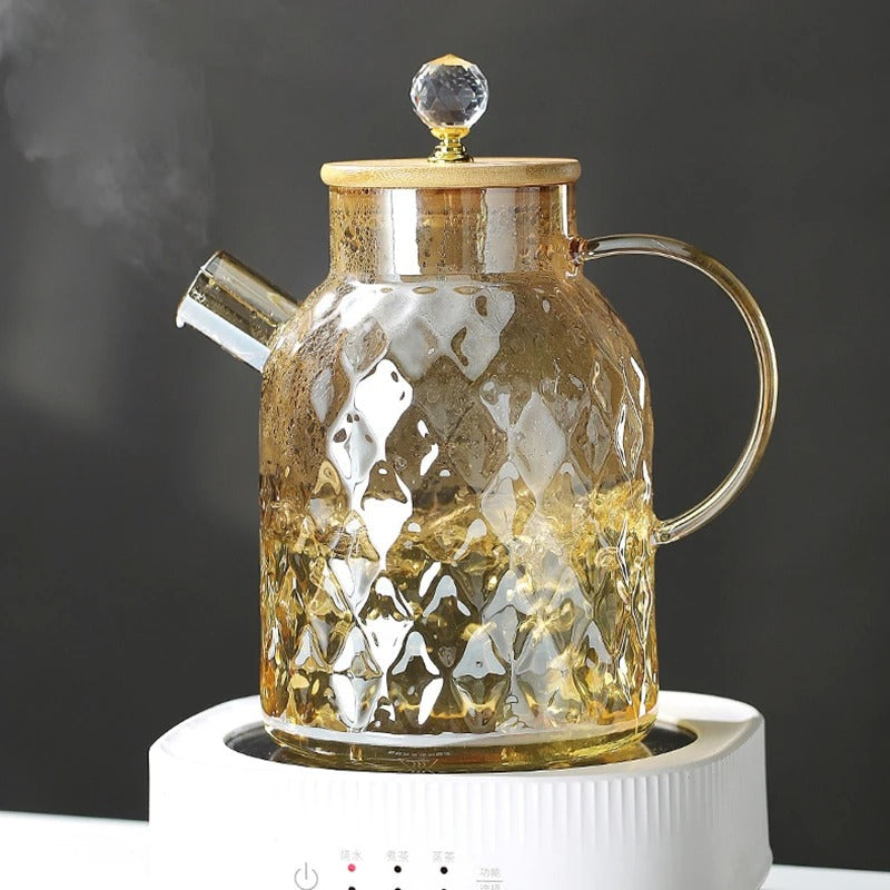 Elegant Glas Teapot med Bambuslåg og Træhåndtag