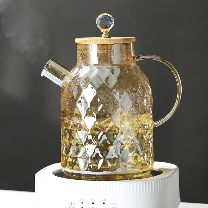 Elegant Glas Teapot med Bambuslåg og Træhåndtag