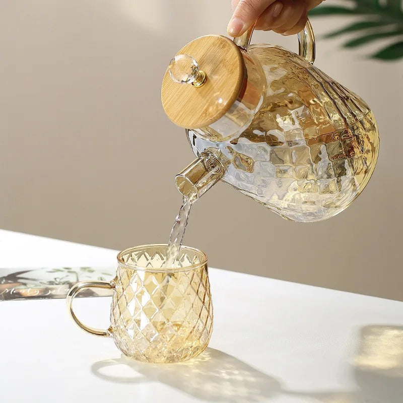 Elegant Glas Teapot med Bambuslåg og Træhåndtag