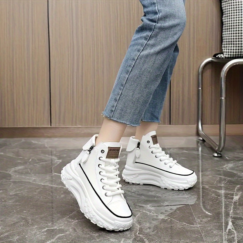 White High-Top Sneakers with Chunky Platform and Zipper