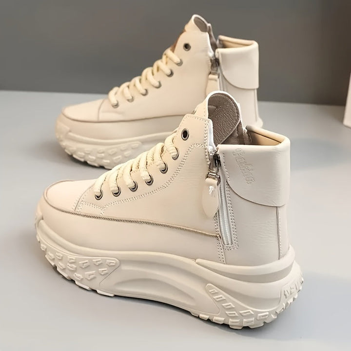 White High-Top Sneakers with Chunky Platform and Zipper
