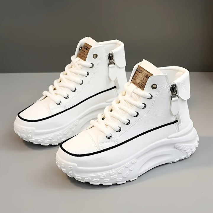 White High-Top Sneakers with Chunky Platform and Zipper