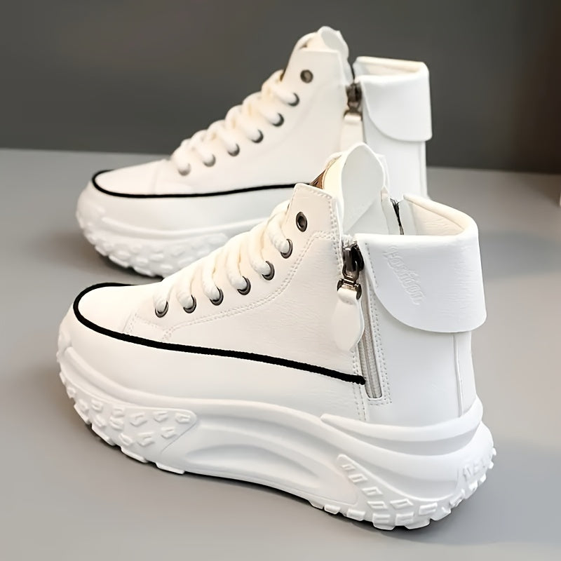 White High-Top Sneakers with Chunky Platform and Zipper