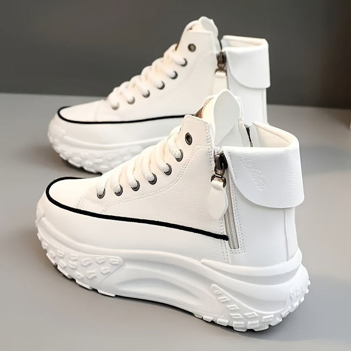 White High-Top Sneakers with Chunky Platform and Zipper