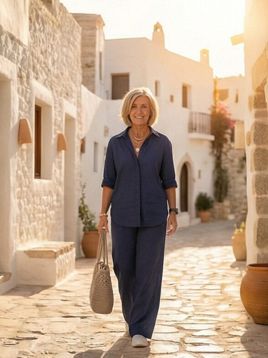 Vivian | Kvinders afslappede skjorte med knap og bukser med bred ben