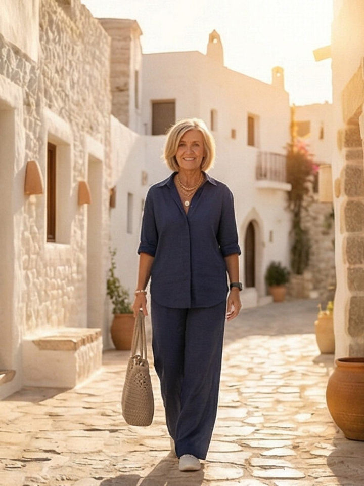 Vivian | Kvinders afslappede skjorte med knap og bukser med bred ben