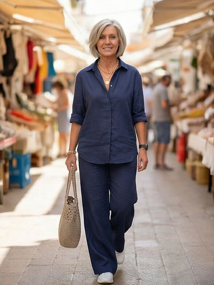 Vivian | Kvinders afslappede skjorte med knap og bukser med bred ben