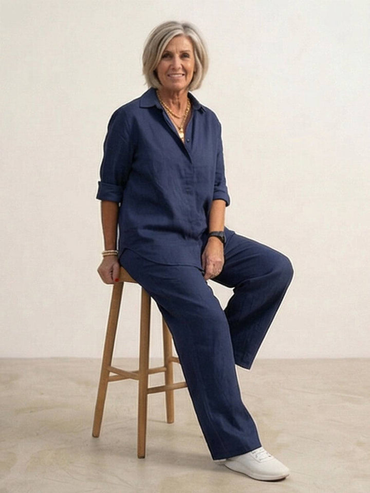 Vivian | Kvinders afslappede skjorte med knap og bukser med bred ben