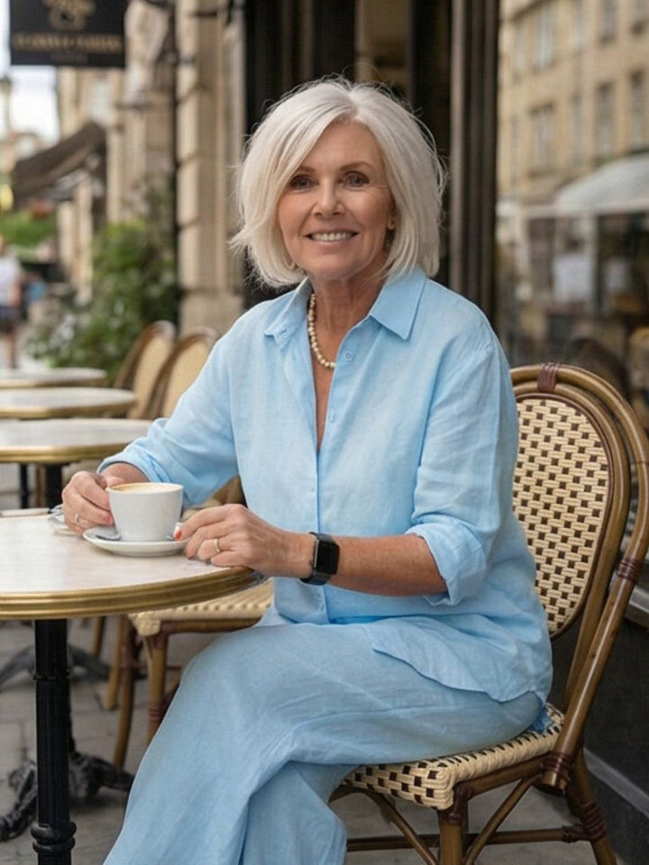 Vivian | Kvinders afslappede skjorte med knap og bukser med bred ben