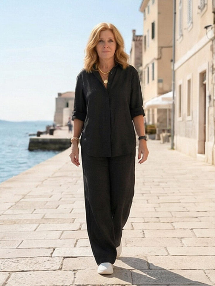 Vivian | Kvinders afslappede skjorte med knap og bukser med bred ben