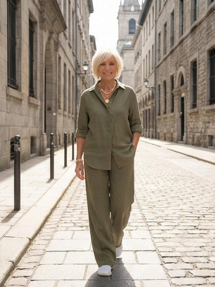 Vivian | Kvinders afslappede skjorte med knap og bukser med bred ben