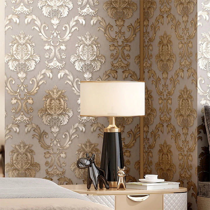 Guld 3D Damask Vinyl Tapet med Vaskbar Overflade