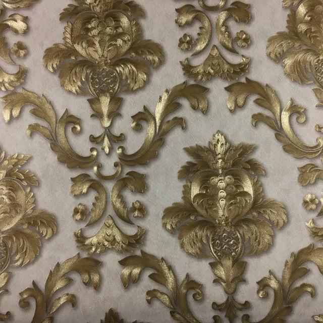Guld 3D Damask Vinyl Tapet med Vaskbar Overflade