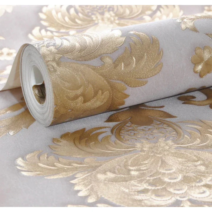 Guld 3D Damask Vinyl Tapet med Vaskbar Overflade
