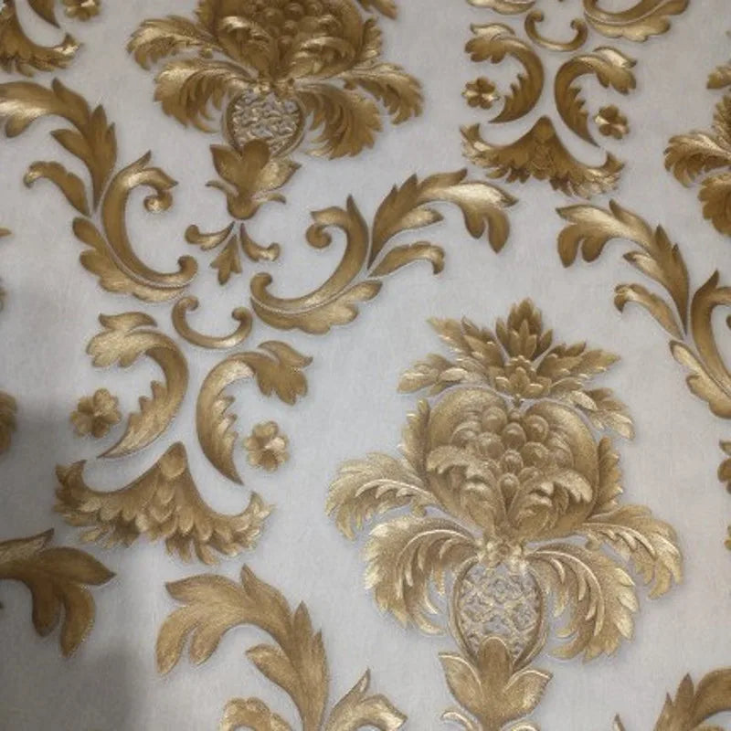 Guld 3D Damask Vinyl Tapet med Vaskbar Overflade