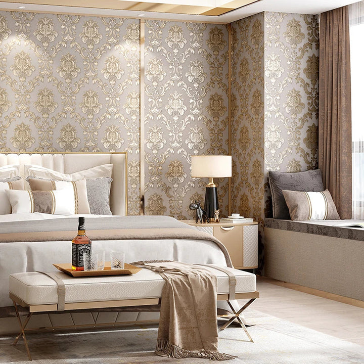 Guld 3D Damask Vinyl Tapet med Vaskbar Overflade