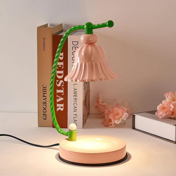 Pink Glas Blomst Bordlampe med Metalbase