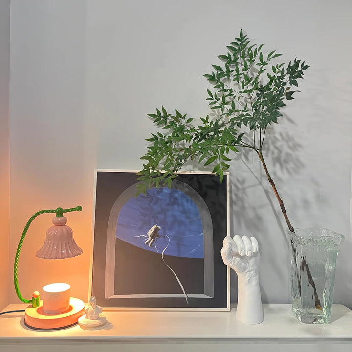 Pink Glas Blomst Bordlampe med Metalbase