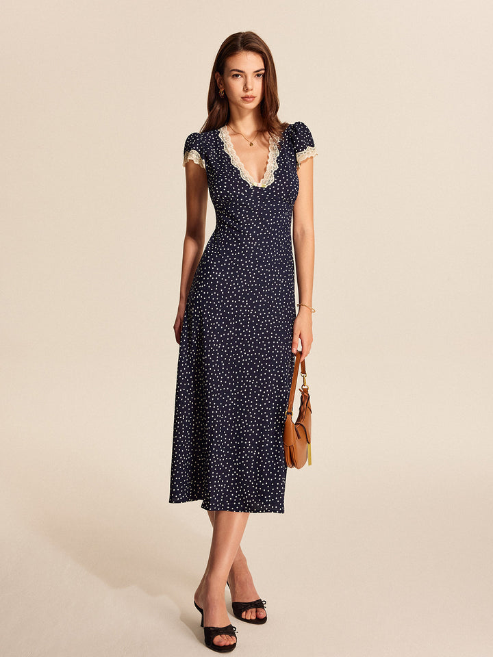 Colette | Kvinders Polka Dot Blonde Trim V-Hals Kappeærme Midi Kjole