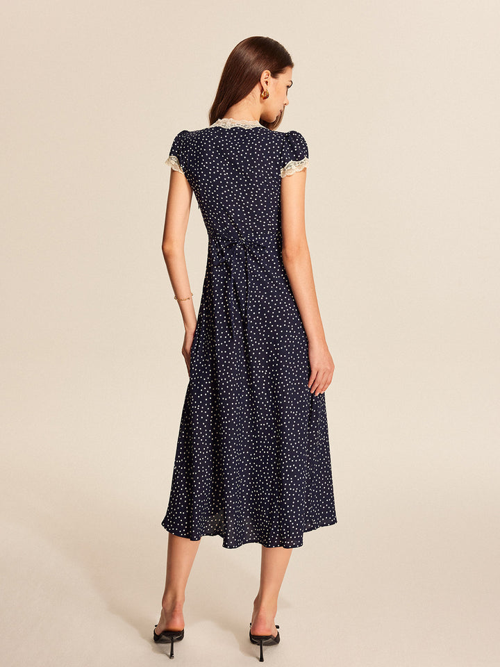 Colette | Kvinders Polka Dot Blonde Trim V-Hals Kappeærme Midi Kjole