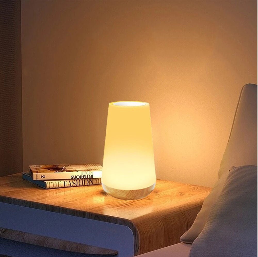 Moderne LED Touch Control Bordlampe med Træbase