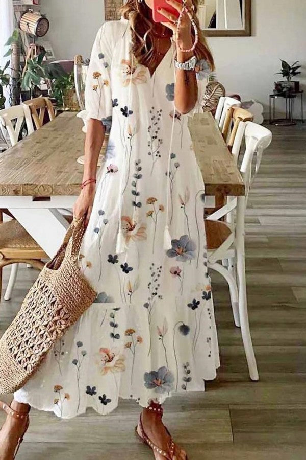 Flora | Kvinders Blomsterprint V-Hals Tassel Maxi Kjole Boho
