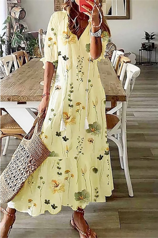 Flora | Kvinders Blomsterprint V-Hals Tassel Maxi Kjole Boho