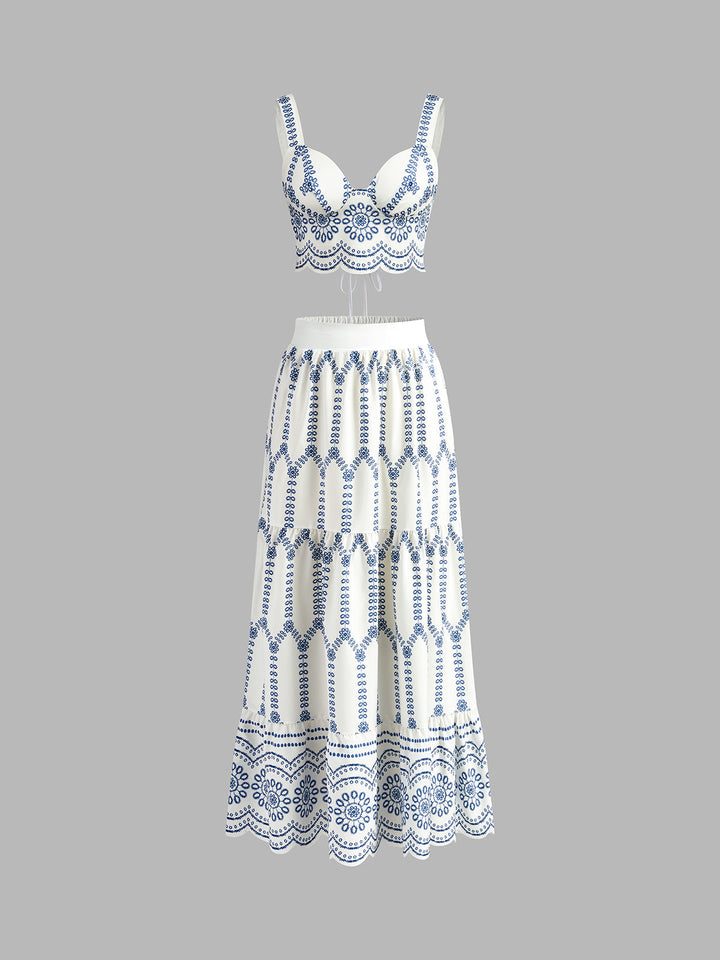 Santorini | Kvinders Broderet Crop Top & Maxi Nederdel Co-Ord Sæt