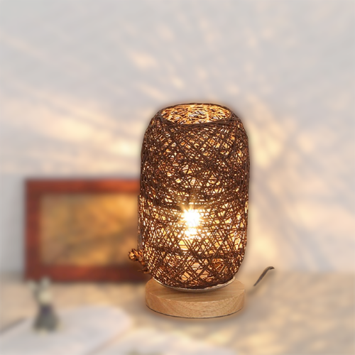 Håndlavet Rattan Bordlampe med Justerbar Skærm