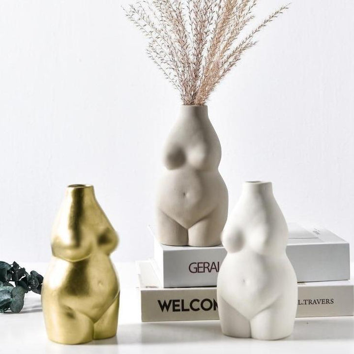 Keramisk Buste Vase i Beige og Guld