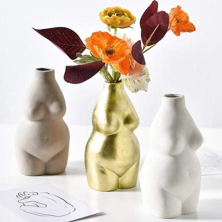 Keramisk Buste Vase i Beige og Guld