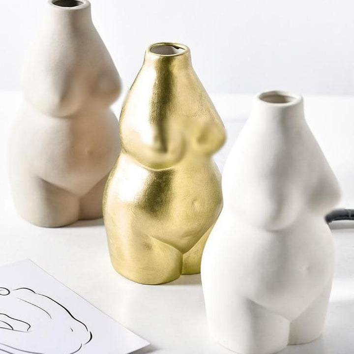 Keramisk Buste Vase i Beige og Guld
