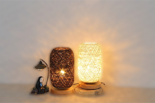 Håndlavet Rattan Bordlampe med Justerbar Skærm
